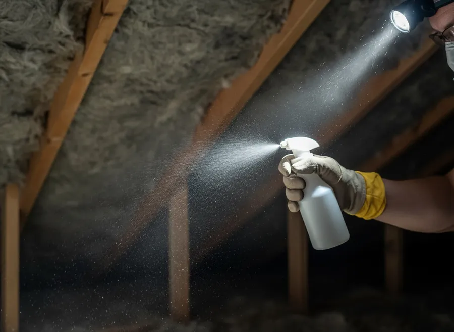 An attic lit by a headlamp, with rafters and insulation in view