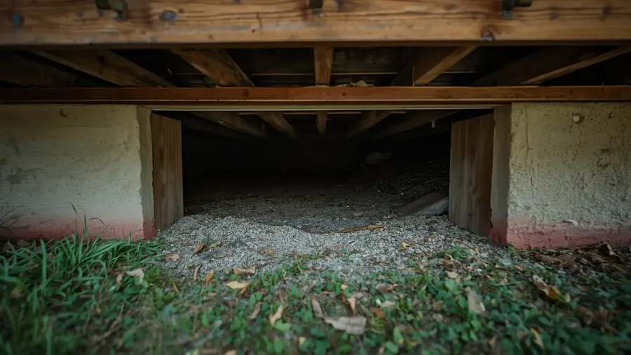 The low gravel space beneath a raised wooden deck