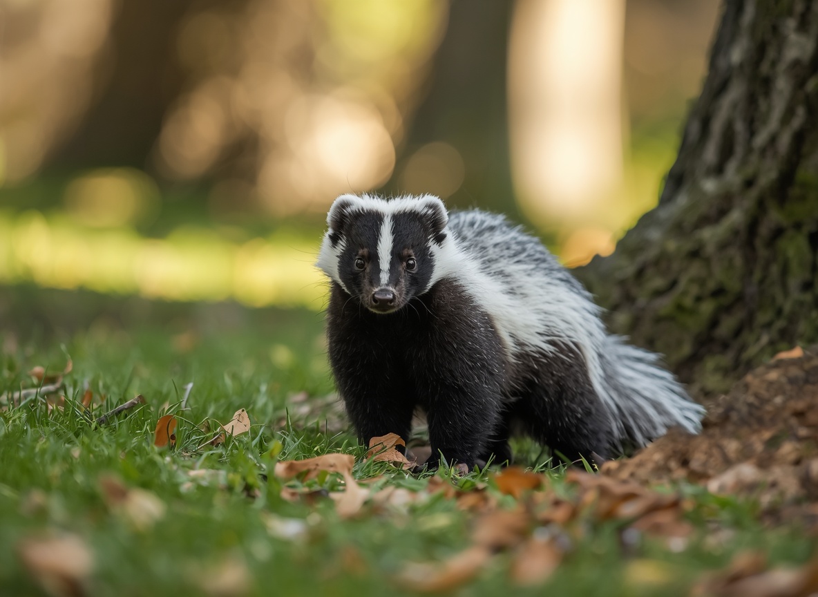 A striped skunk on a lawn at the base of a tree